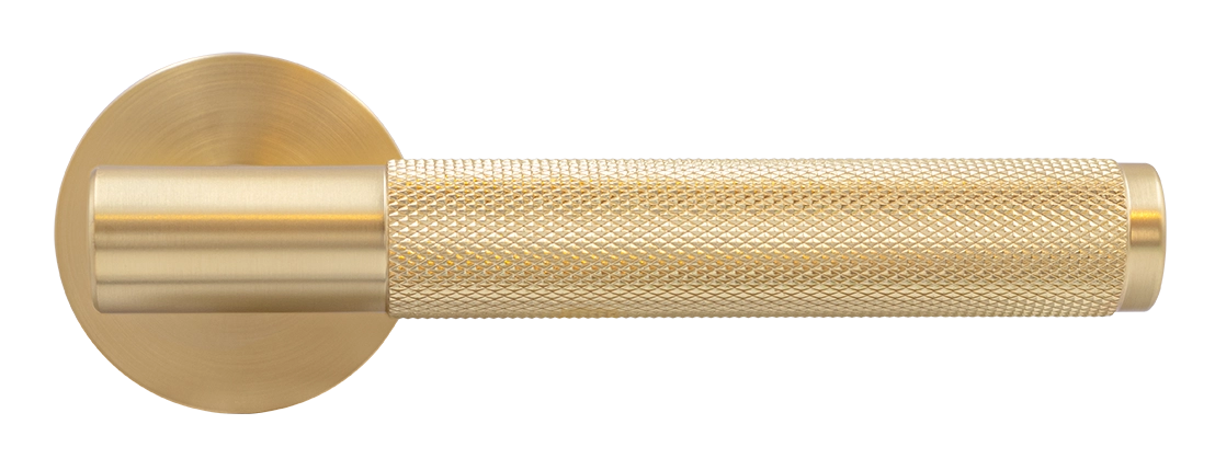 Ручка дверная AZRIELI MH-57-R6T MSG раздельная на круглой розетке, цвет матовый сатинированный золото, ЦАМ фото купить в Рязани