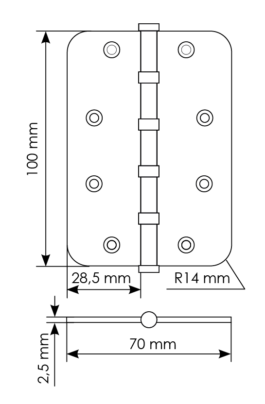 Петля стальная MSN-C 100X70X2.5-4BB SN скругленная универсальная с подшипником, вес полотна до 40 кг, цвет белый никель фото купить в Рязани
